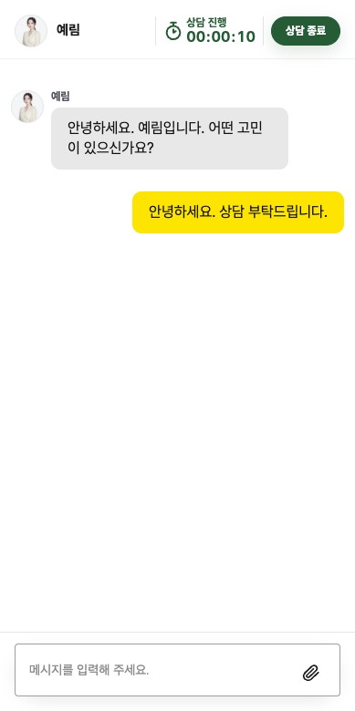 상담사 프로필 사진, 상담 진행 시간, 대화 메시지와 입력창이 표시된 채팅상담 시작 화면 예시